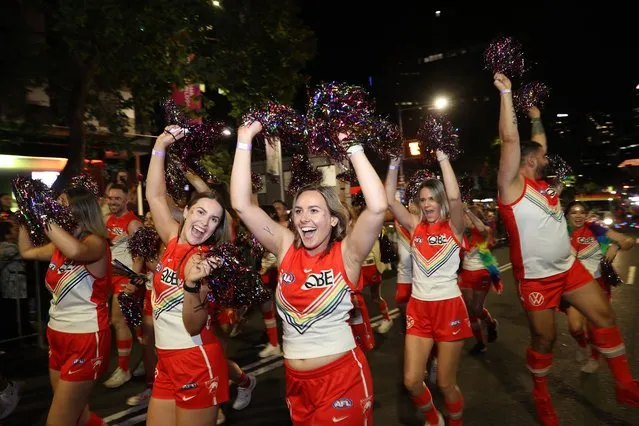 Members of the Sydney Swans Football Club walk in the Sydney Gay & Lesbian Mardi Gras Parade as part of Sydney WorldPride on February 25, 2023 in Sydney, Australia. (Photo by Brendon Thorne/Getty Images)