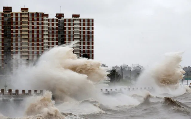 Waves hit the city's waterfront during a wind storm in Montevideo, Uruguay October 27, 2016. (Photo by Andres Stapff/Reuters)