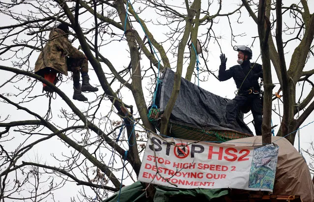 An enforcement agent speaks to an Extinction Rebellion activist who demonstrates on a tree as others occupy tunnels under Euston Square Gardens, to protest against the HS2 high-speed railway in London, Britain, January 27, 2021. (Photo by Hannah McKay/Reuters)