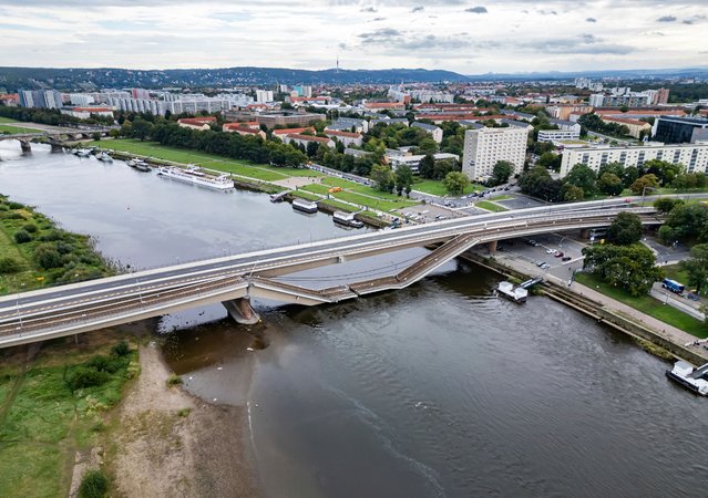 An aerial view of the Carola Bridge, which has partly collapsed over the Elbe River in Dresden, Germany on September 11, 2024. (Phoot by Robert Michael/dpa via AP Photo)