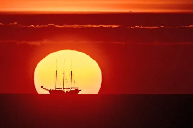 The sun rises above the horizon behind the “Kapitan Borchardt” sailing boat arriving at Hartlepool, UK  as part of the International Tall Ships Race 2023 on Thursday, July 6, 2023. (Photo by Jordan Crosby/The Times)