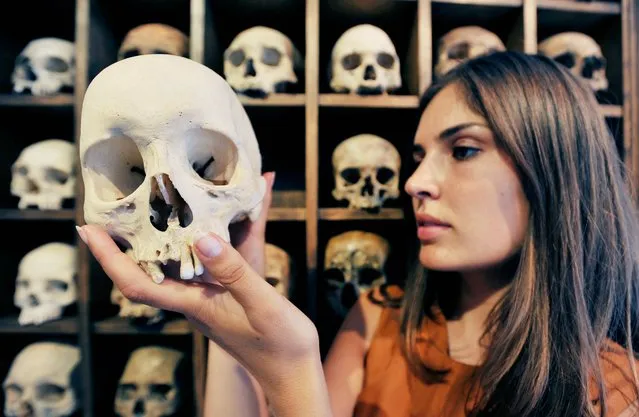 Marine Tanguy gallery curator at the Outsiders Gallery in Soho, London, adjust “Skulls” by the late Soho artist Sebastian Horsley, prior to “The Whoresley Show” which runs from the gallery from August 9th to September 14th. (Photo by Nick Ansell/PA Wire)