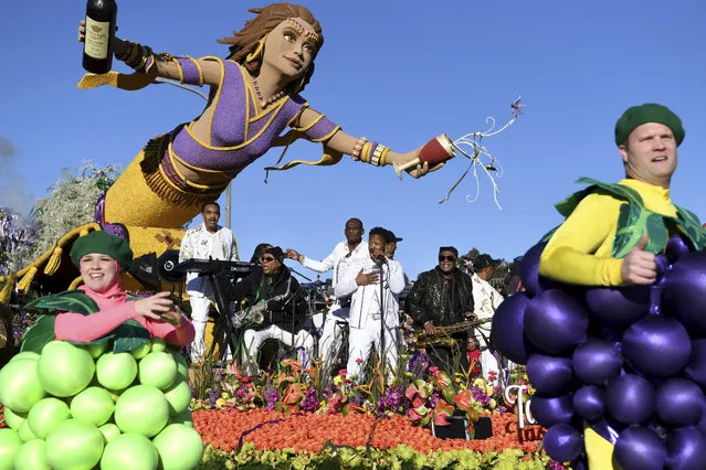The Stella Rosa Wines float with the band Kool & The Gang, that won the Grand Marshal Award, rolls down the parade route during the 130th Rose Parade in Pasadena, Calif., Tuesday, January 1, 2019. (Photo by Michael Owen Baker/AP Photo)