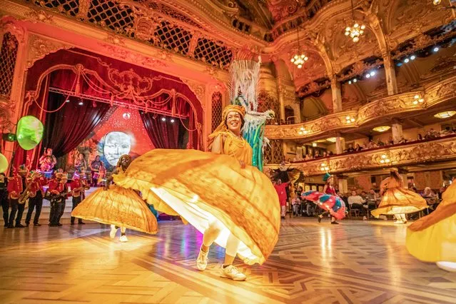 Picture dated October 24th, 2022 shows giant hand-crafted puppets at the Carnival Magic Show held in Blackpool Tower Ballroom as part of the Lightpool Festival. The puppets were part of an electrifying showcase of music and dance, which brought a diverse melting pot of carnival magic to the Ballroom. The show also included a 30-piece carnival band and dancers in illuminated dresses. (Photo by Gregg Wolstenholme/Bav Media)