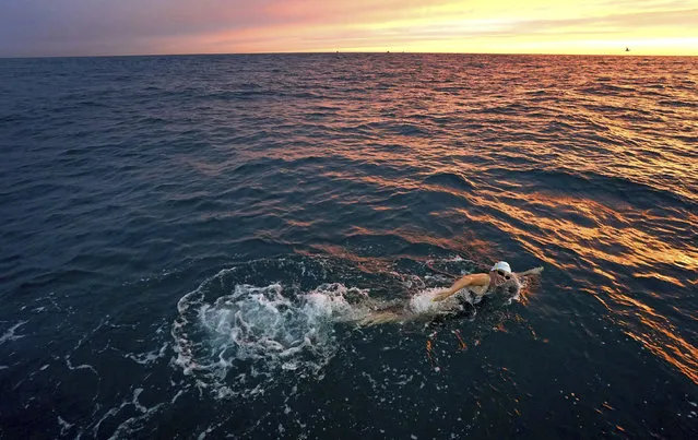 Australian endurance swimmer Chloe McCardel approaches France at sunrise on Thursday, October 7, 2021 during her attempt to swim across the English Channel to equal the World Record, currently held at 43 crossings, before attempting her record breaking 44th crossing due on Sunday. (Photo by Gareth Fuller/PA Images via Getty Images)