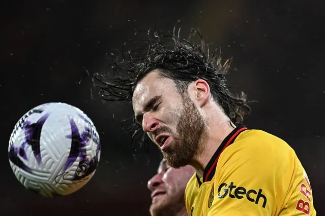 Sheffield United's Chilean striker #11 Ben Brereton Diaz heads the ball during the English Premier League football match between Liverpool and Sheffield United at Anfield in Liverpool, north west England on April 4, 2024. (Photo by Paul Ellis/AFP Photo)