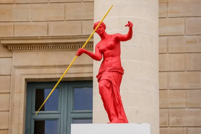 A Venus de Milo with a javelin is part of the group of sculptures for the installation “Beauty and Gesture” by french artist Laurent Perbos on the steps of the French National Assembly for the duration of the Paris 2024 Olympic and Paralympic Games, in Paris France, 02 April 2024. Each sculpture represents the Venus de Milo performing an Olympic sport. The installation will be on view from 02 April through 22 September. (Photo by Teresa Suarez/EPA/EFE)