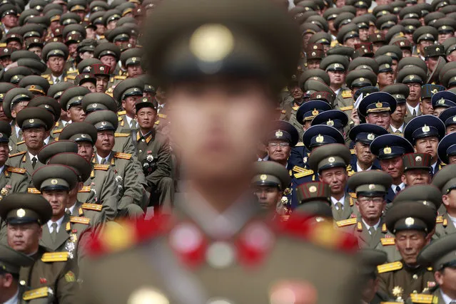 North Korean soldiers watch the parade for the “Day of the Sun” festival on Kim Il Sung Square in Pyongyang, North Korea, 15 April 2017. (Photo by How Hwee Young/EPA)