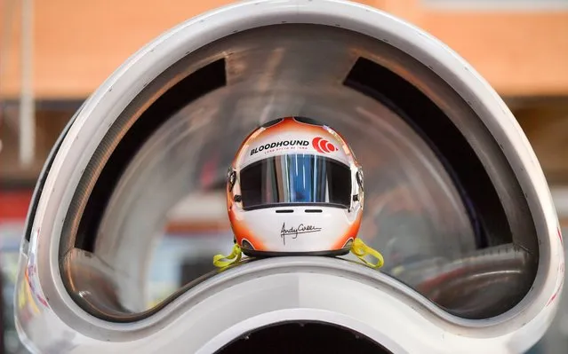 Ex fighter pilot Andy Green's freshly painted crash helmet sits inside the air intake on Bloodhound as it enters the final build phase at Gloucestershire Science and Technology Park, Berkeley on September 26, 2019, before it heads off to South Africa for testing ahead of a land speed record attempt. (Photo by Ben Birchall/PA Images via Getty Images)