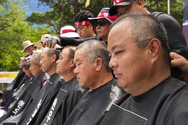 Leaders of Korean cattle farmers who are demanding a reduction in cattle feed price, have their heads shaved as they stage a rally near the National Assembly in Seoul, South Korea, Wednesday, July 3, 2024. Hundreds of farmers called for the stabilization of the Hanwoo industry. Hanwoo is a breed of cattle native to Korea. (Photo by Ahn Young-joon/AP Photo)