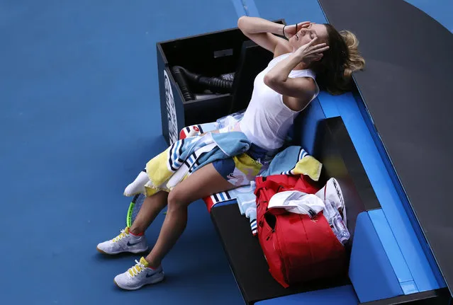 Romania's Simona Halep reacts during her semifinal loss to Spain's Garbine Muguruza at the Australian Open tennis championship in Melbourne, Australia, Thursday, January 30, 2020. (Photo by Andy Wong/AP Photo)