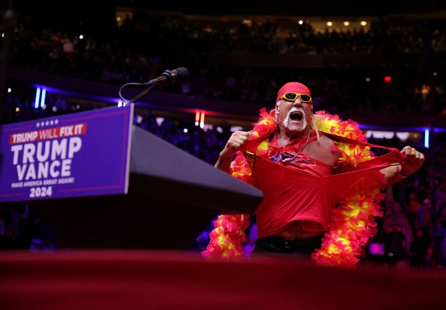 Hulk Hogan tears his shirt during a rally for Donald Trump, at Madison Square Garden in New York City on October 27, 2024. (Photo by Carlos Barria/Reuters)