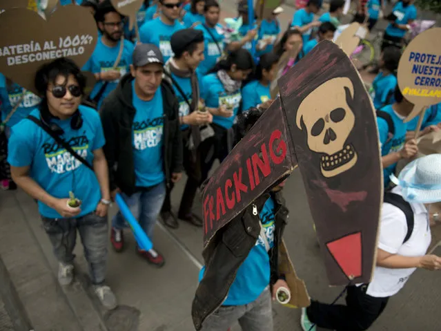 People march during a demonstration to demand urgent action to stem climate change, on September 21, 2014 in Bogota. (Photo by Eitan Abramovich/AFP Photo)