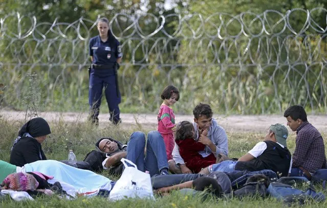 Migrants sit on the field as they were stopped by the Hungarian police after illegally crossing from Serbia to Hungary near the village of Asttohatolom, Hungary, September 16, 2015. (Photo by Dado Ruvic/Reuters)