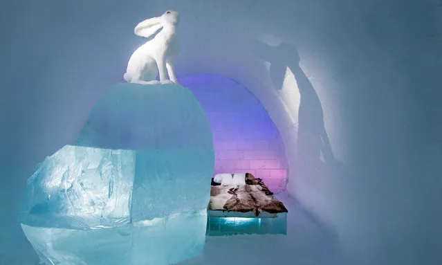 A total of 30,000 cubic metres of snow and ice were used to construct the hotel, while the artwork was cut from 500 tons of crystal clear natural ice. This suite, Follow the White Rabbit, was created by artists AnnaSofia Mååg and Niklas Byman. (Photo by Asaf Kliger/IceHotel/The Guardian)
