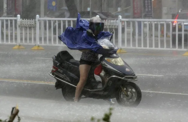 A woman rides her electric bicycle against the strong wind and heavy rainfall as Typhoon Rammasun hits China's Guangdong province, July 2014. (Photo by Reuters/Stringer)