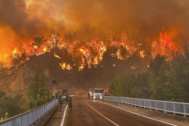 A wildfire rages across a forested area near Cavuslar village, in Karabuk district, northwest Turkey, Wednesday, July 23, 2025. (Photo by Ridvan Bostanci/IHA via AP Photo)