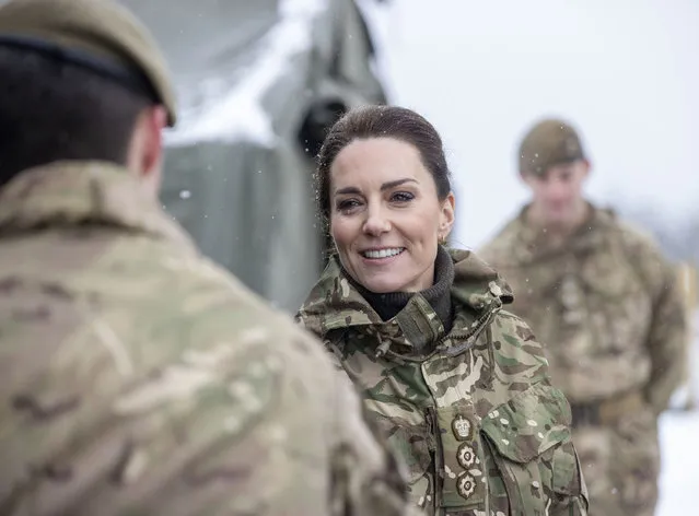 Britain's Kate, Princess of Wales, Colonel, Irish Guards, smiles during her first visit to the 1st Battalion Irish Guards since becoming Colonel, at the Salisbury Plain Training Area in Wiltshire, England, Wednesday March 8, 2023. (Photo by Steve Reigate/Pool Photo via AP Photo)