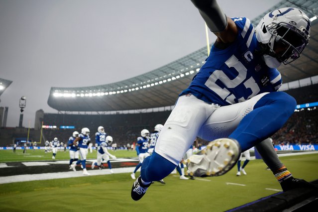Indianapolis Colts' nickelback Kenny Moore II jumps during the NFL match between Indianapolis Colts and Atlanta Falcons at the Olympic Stadium in Berlin on November 9, 2025. (Photo by Odd Andersen/AFP Photo)