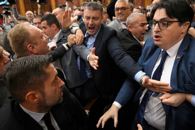Opposition and the ruling coalition deputies brawl as tensions rose over Novi Sad's fatal train station roof collapse, during a session in the Serbian parliament hall in Belgrade, Serbia, on November 25, 2024. (Photo by Reuters/Stringer)
