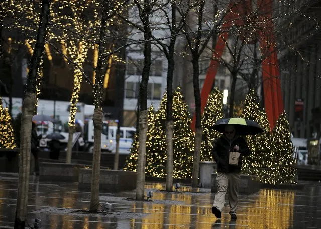 A man walks through a Christmas light display at Zuccotti Park during a rain storm in Manhattan, New York's financial district, December 17, 2015. (Photo by Brendan McDermid/Reuters)