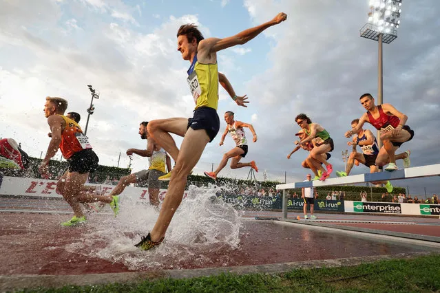 French athletes compete in the men's 3000m steeple final competition at the 2023 French Athletics Championships at the municipal stadium in Albi, southwestern France, on July 29, 2023. (Photo by Valentine Chapuis/AFP Photo)