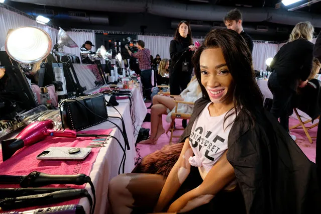 Winnie Harlow prepares backstage during 2018 Victoria's Secret Fashion Show in New York at Pier 94 on November 8, 2018 in New York City. (Photo by Dia Dipasupil/Getty Images for Victoria's Secret)