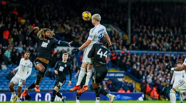 Patrick Bamford is scoring his team's first goal during the Sky Bet Championship match between Leeds United and Birmingham City at Elland Road in Leeds, on January 1, 2024. (Photo by Simon Davies/ProSports/Rex Features/Shutterstock)