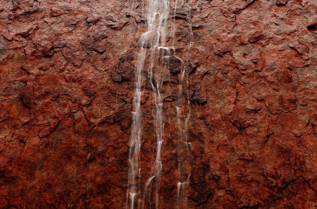 Water runs down the surface of Uluru as it rains on November 28, 2013 in Uluru-Kata Tjuta National Park, Australia. Uluru/ Ayers Rock is a large sandstone formation situated in central Australia approximately 335km from Alice Springs. The site and its surrounding area is scared to the Anangu people, the Indigenous people of this area and is visited by over 250,000 people each year.  (Photo by Mark Kolbe/Getty Images)