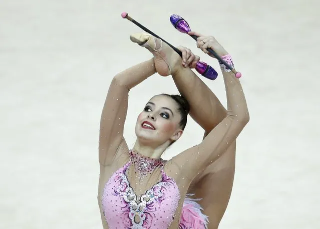 Hungary's Boglarka Kiss performs during the individual qualification programme at the 31st European Rhythmic Gymnastics Championships in Minsk, Belarus, May 2, 2015. (Photo by Vasily Fedosenko/Reuters)