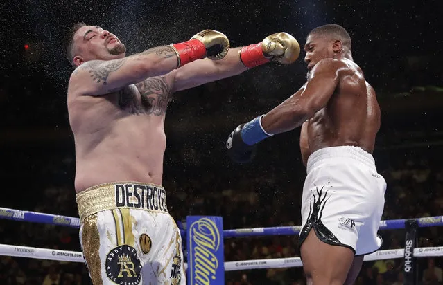 Anthony Joshua, right, knocks down Andy Ruiz during the third round of a heavyweight championship boxing match Saturday, June 1, 2019, in New York. Ruiz won in the seventh round. (Photo by Frank Franklin II/AP Photo)