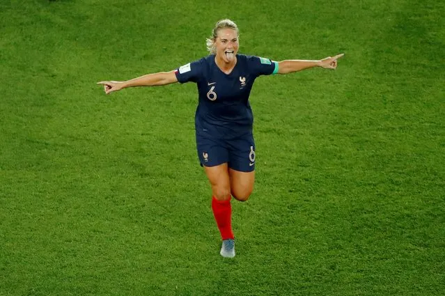 France's midfielder Amandine Henry celebrates after scoring a goal during the France 2019 Women's World Cup Group A football match between France and South Korea, on June 7, 2019, at the Parc des Princes stadium, in Paris. (Photo by Gonzalo Fuentes/Reuters)