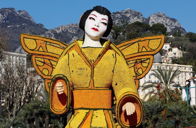 A sculpture made with lemons and oranges named “Madame Butterfly” is seen during the 89th Lemon festival around the theme “Rock and Opera” in Menton, France on February 8, 2023. (Photo by Eric Gaillard/Reuters)