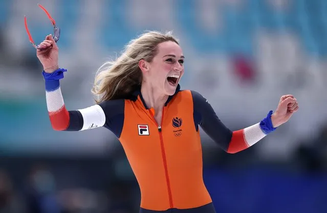 Irene Schouten of Team Netherlands celebrates after winning the Gold medal in a new Olympic record time of 6:43.51 during the Women's 5000m on day six of the Beijing 2022 Winter Olympics at National Speed Skating Oval on February 10, 2022 in Beijing, China. (Photo by Dean Mouhtaropoulos/Getty Images)