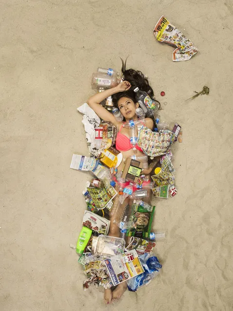 Cass surrounded by seven days of her own rubbish in Pasadena, California. (Photo by Gregg Segal/Barcroft Media)