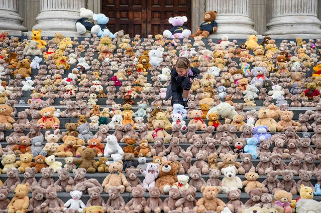A girl looks at 700 teddy bears, placed on the steps of St Paul’s Cathedral by international aid agency World Vision UK to represent the 700 children per week that flee conflict in South Sudan in London, England on July 27, 2017. (Photo by Matt Crossick/PA Wire)