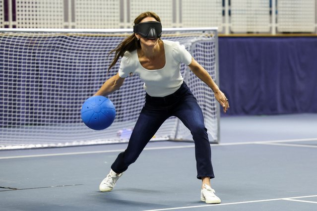 Catherine, Princess of Wales plays goalball as she visits SportsAid at Bisham Abbey National Sports Centre to mark World Mental Health Day on October 12, 2023 in Marlow, England. Prince and Princess of Wales are carrying out engagements across the UK to mark World Mental Health Day and to highlight the importance of mental wellbeing, particularly in young people. (Photo by Suzanne Plunkett – WPA Pool/Getty Images)
