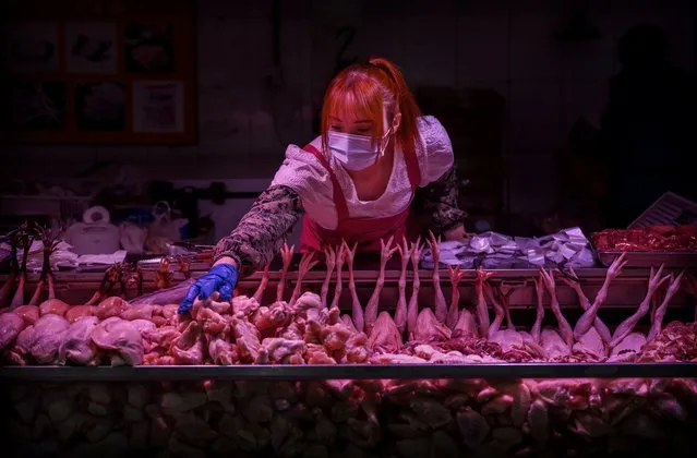 A Chinese meat vendor wears a protective mask as she tends to her stall at a food market on April 24, 2020 in Beijing, China. After decades of growth, officials said Chinas economy had shrunk in the latest quarter due to the impact of the coronavirus epidemic. The slump in the worlds second largest economy is regarded as a sign of difficult times ahead for the global economy. While industrial sectors in China are showing signs of reviving production, a majority of private companies are operating at only 50% capacity, according to analysts. With the pandemic hitting hard across the world, officially the number of coronavirus cases in China is dwindling, ever since the government imposed sweeping measures to keep the disease from spreading. Officials believe the worst appears to be over in China, though there are concerns of another wave of infections as the government attempts to reboot the worlds second largest economy. Since January, China has recorded more than 81,000 cases of COVID-19 and at least 3200 deaths, mostly in and around the city of Wuhan, in central Hubei province, where the outbreak first started. (Photo by Kevin Frayer/Getty Images)