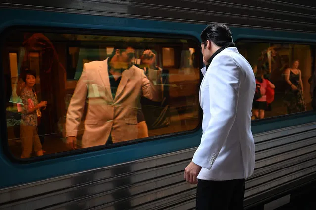 An Elvis fan looks at his reflection in a train window at Central station before boarding the train to The Parkes Elvis Festival, in Sydney on January 9, 2020. The Parkes Elvis Festival is an annual event celebrating the music and life of Elvis Presley in the New South Wales town of Parkes. (Photo by Peter Parks/AFP Photo)