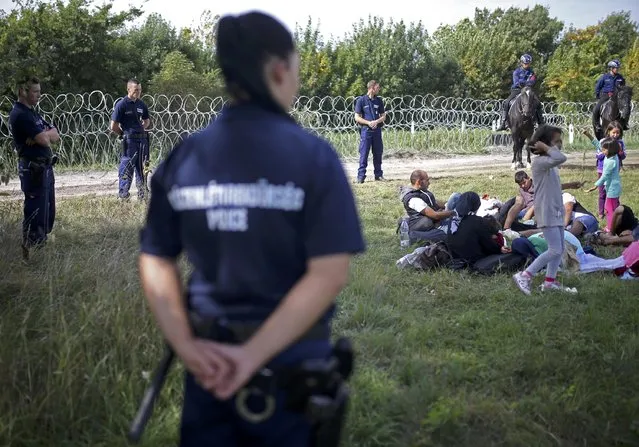 Migrants guarded by Hungarian police sit on the field after being detained for illegal crossing from Serbia to Hungary near the village of Asotthalom, September 16, 2015. (Photo by Dado Ruvic/Reuters)