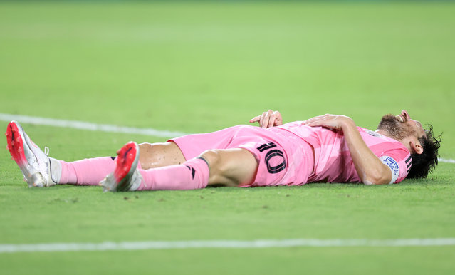 Lionel Messi #10 of Inter Miami CF reacts during the FIFA Club World Cup 2025 group A match between Internacional CF Miami and SE Palmeiras at Hard Rock Stadium on June 23, 2025 in Miami Gardens, Florida. (Photo by Megan Briggs/Getty Images)