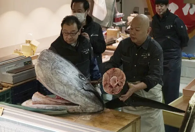 Workers of a wholesaler Yamayuki place a head and tail of the 405-kilogram (892-pound) bluefin tuna that they bought at the first auction of the year, near Tsukiji fish market in Tokyo Friday, January 5, 2018.  The huge bluefin tuna has sold for 36.5 million yen ($320,000) in what may really be Tsukiji market's last auction at its current site in downtown Tokyo, local media reports said Friday. (Photo by Eugene Hoshiko/AP Photo)