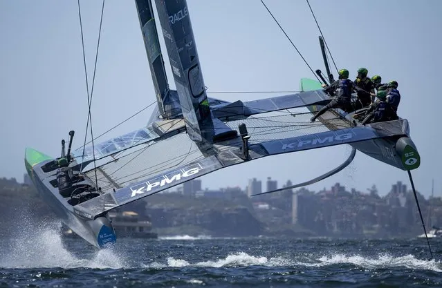 Australia’s SailGP team practises on February 15, 2023 for the KPMG Australia Sail Grand Prix, which takes place in Sydney harbour this weekend. (Photo by Chloe Knott/SAILGP via AP Photo)
