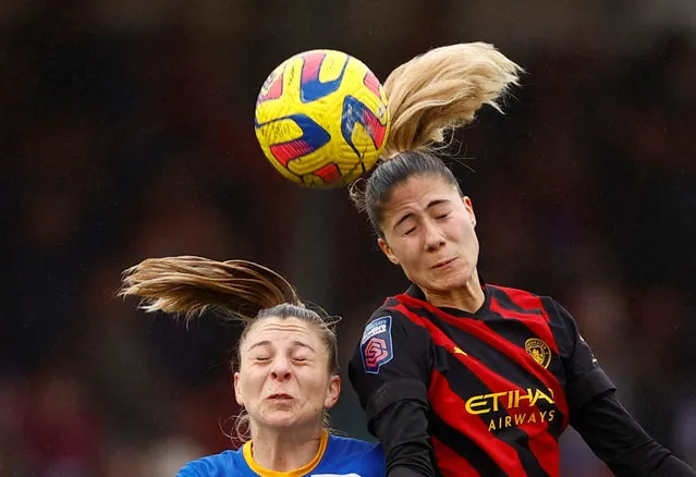 Brighton & Hove Albion's Veatriki Sarri duels for the ball with Manchester City's Laia Aleixandri during the Women's Super League at the Broadfield Staduim in Crawley, Britain on March 12, 2023. (Photo by John Sibley/Action Images via Reuters)