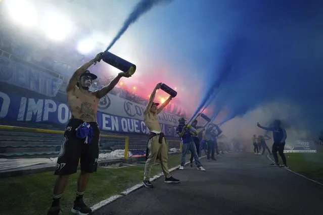 Millonarios soccer fans get revved up prior to the start of the Colombian championship title match against Atletico Nacional, at El Campin stadium in Bogota, Colombia, Saturday, June 24, 2023. (Photo by Fernando Vergara/AP Photo)