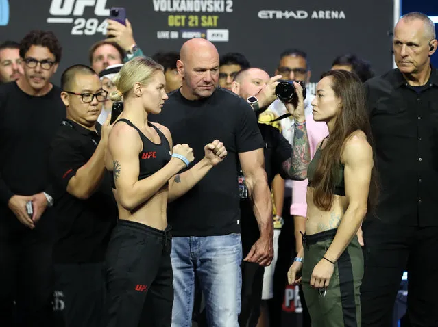 UFC Strawweight Jinh Yu Frey (R) and Victoria Dudakova face off at the ceremonial weigh in before their fight at UFC 294 in Abu Dhabi. Etihad Arena, Abu Dhabi on October 20, 2023. (Photo by Chris Whiteoak/The National)