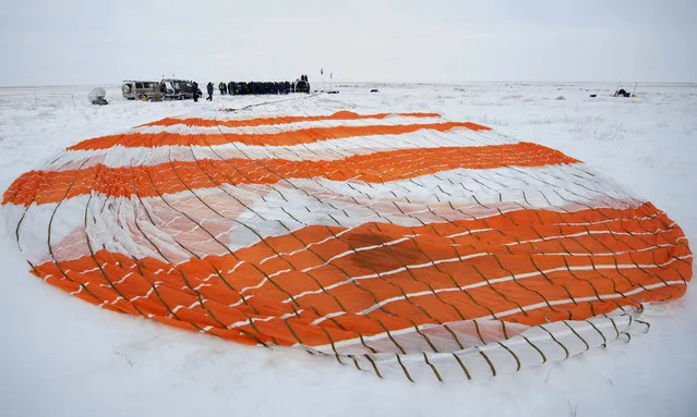This handout photo released by NASA shows the parachute of the Soyuz MS-09 spacecraft shortly after the capsule landed with Expedition 57 crew members in a remote area outside the town of Dzhezkazgan (Zhezkazgan), Kazakhstan, on December 20, 2018. Three astronauts landed back on Earth on December 20, 2018 after a troubled stint on the ISS marred by an air leak and the failure of a rocket set to bring new crew members. (Photo by Bill Ingalls/NASA via AFP Photo)