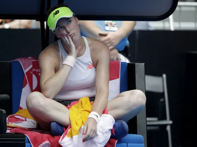 United States' Madison Brengle sits on her chair as rain delays play in her second round match against Karolina Pliskova of the Czech Republic at the Australian Open tennis championships in Melbourne, Australia, Thursday, January 17, 2019. (Photo by Mark Schiefelbein/AP Photo)