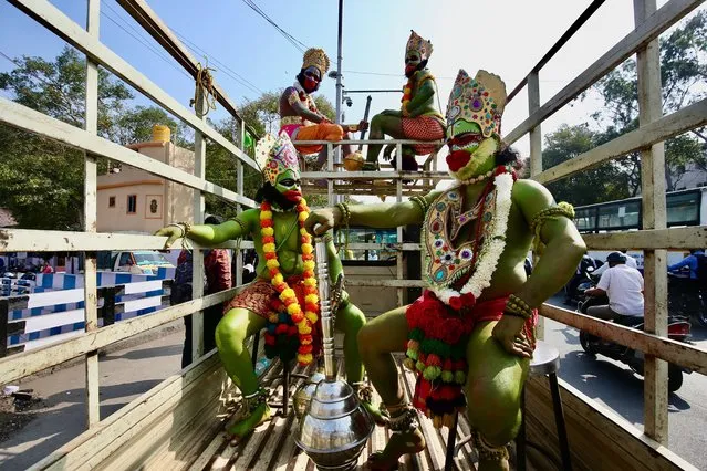 Indian folk artists attired like Hanuman from the India epic “Ramayana” perform during Pran Pratistha or the inaugural ceremony of the Lord Ram Temple in Ayodhya, held in Bangalore, India, 22 January 2024. (Photo by Jagadeesh N.V./EPA/EFE/Rex Features/Shutterstock)
