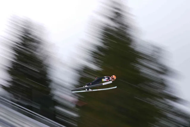 Austria's Franz-Josef Rehrl competes during the men's Individual Gundersen Ski jumping trial at the Nordic Combined Triple World Cup in Seefeld, Austria, Friday, February 2, 2024. (Photo by Matthias Schrader/AP Photo)